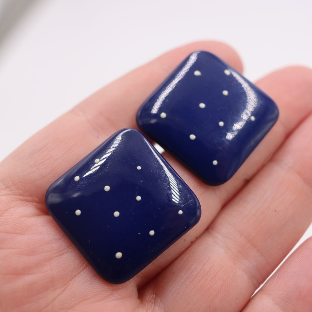 Vintage Metal Blue Square Clip On Earrings Polka Dot Pin Up Girl 60s 70s Retro